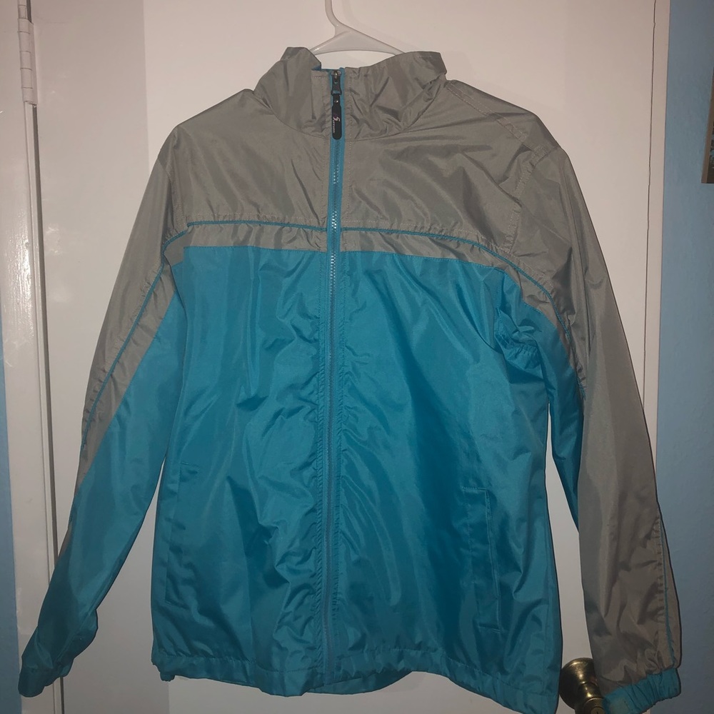 Grey and blue raincoat